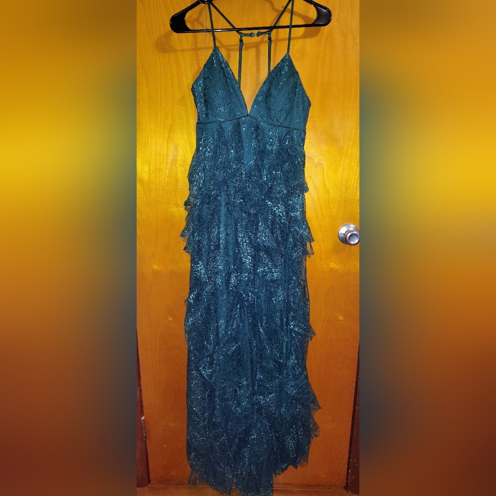 Emerald Lace Ruffle Maxi Dress with Plunge V-Neck
